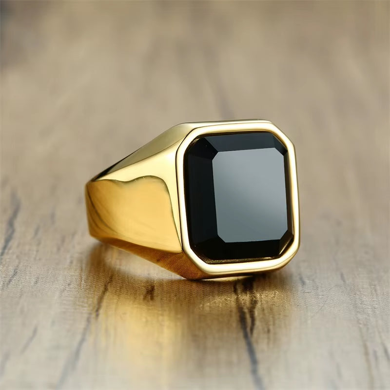 Stylish Square Natural Stone Signet Rings for Men, Stainless Steel Metal Finger Ring Party Gift Jewelry
