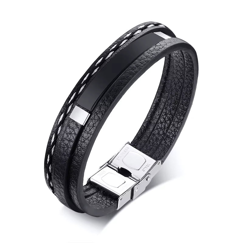 Custom Logo Name Quote Engrave Multi-Layer Leather Bracelets for Men Stainless Steel ID Bangle Personalize Dad Father Gift
