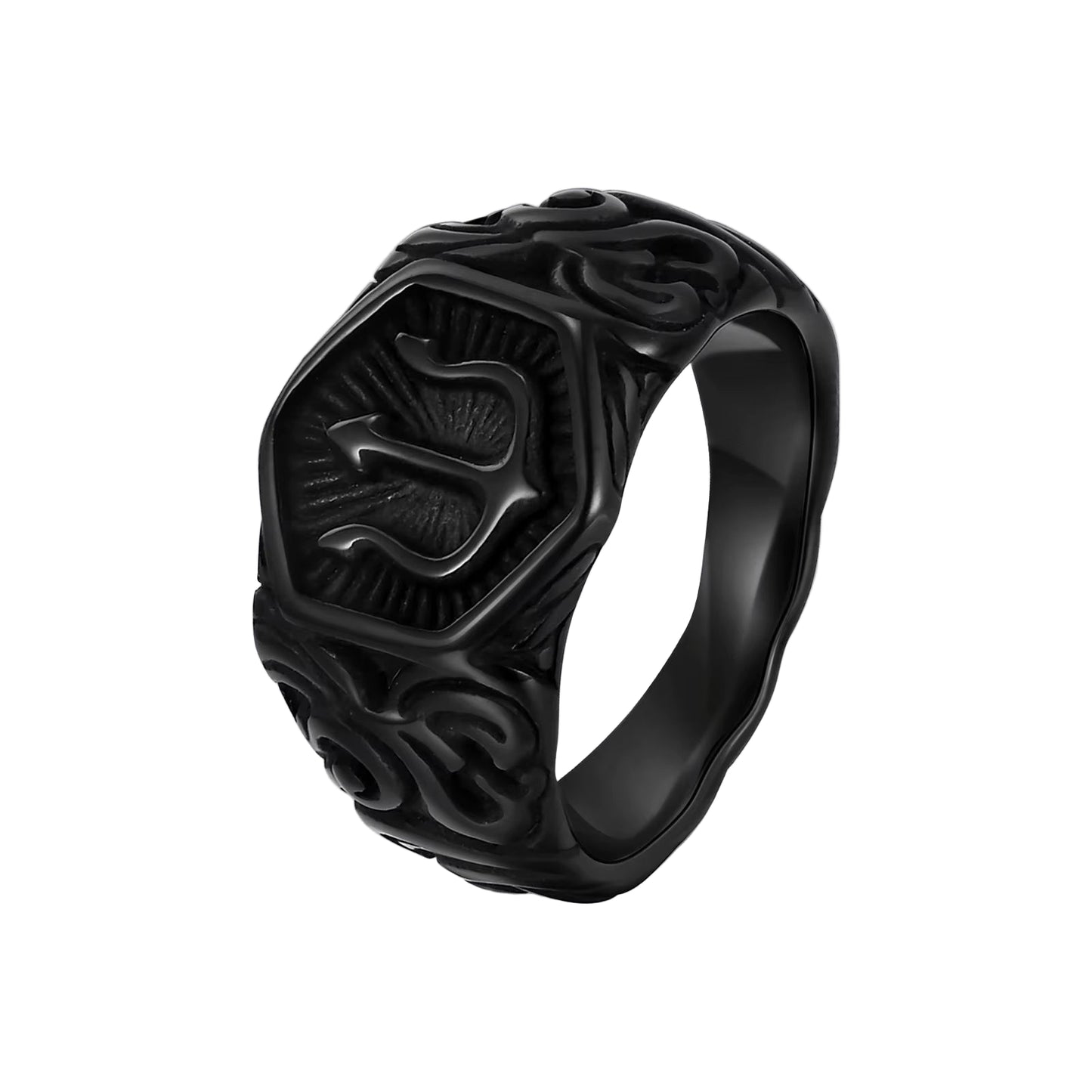 Black Tridant Signet Ring for Men, 13.3Mm Chunky Wide Hexagon Geometric Top Finger Band, Strength Power Symbol Jewelry