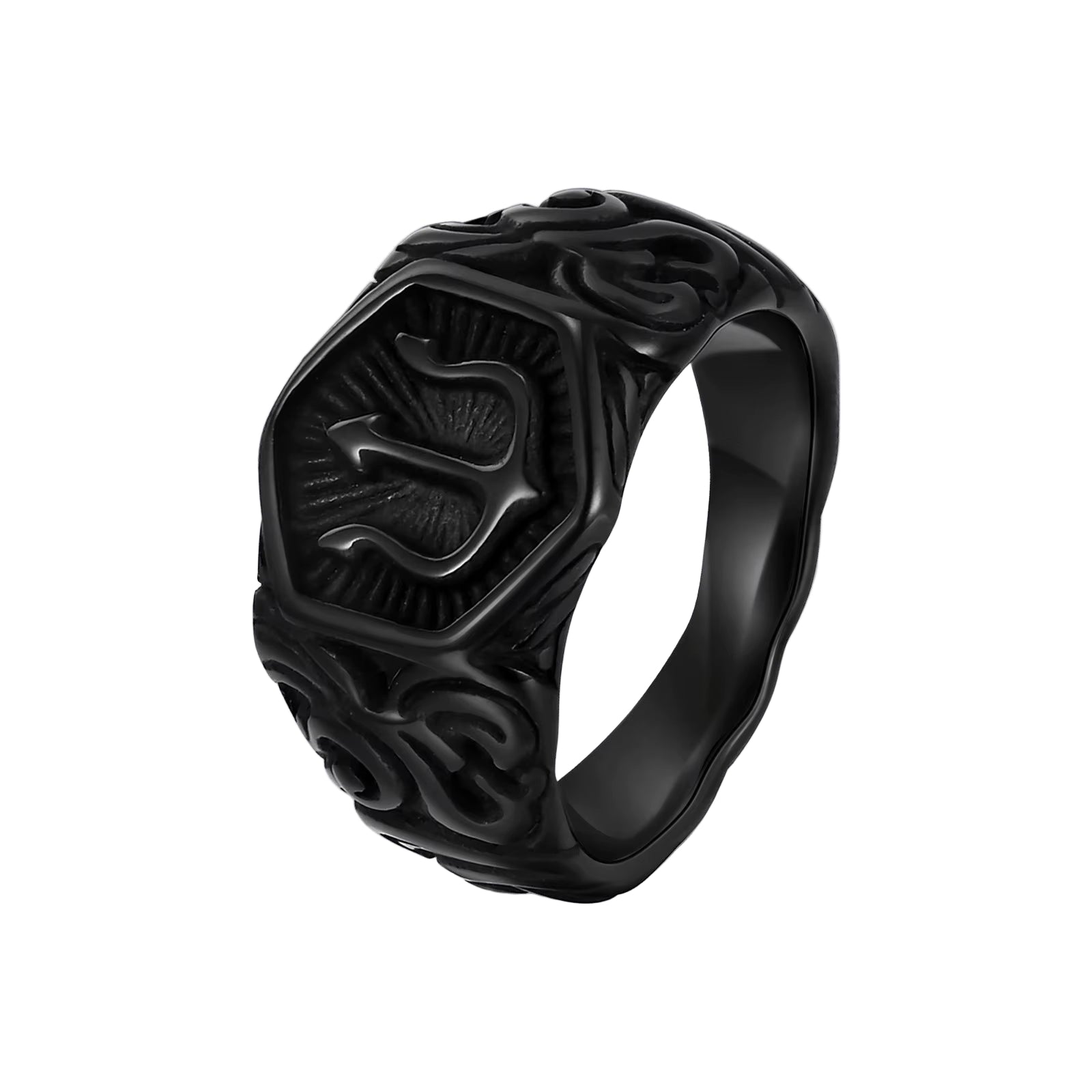 Black Tridant Signet Ring for Men, 13.3Mm Chunky Wide Hexagon Geometric Top Finger Band, Strength Power Symbol Jewelry
