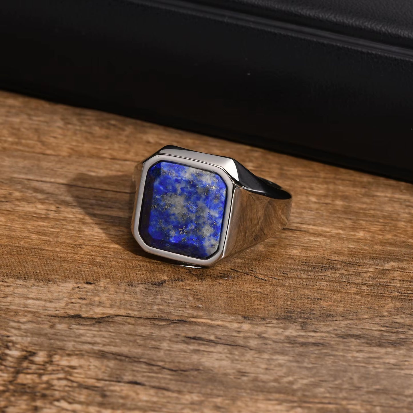Stylish Square Natural Stone Signet Rings for Men, Stainless Steel Metal Finger Ring Party Gift Jewelry