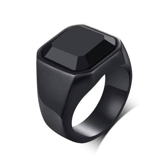 Stylish Square Natural Stone Signet Rings for Men, Stainless Steel Metal Finger Ring Party Gift Jewelry