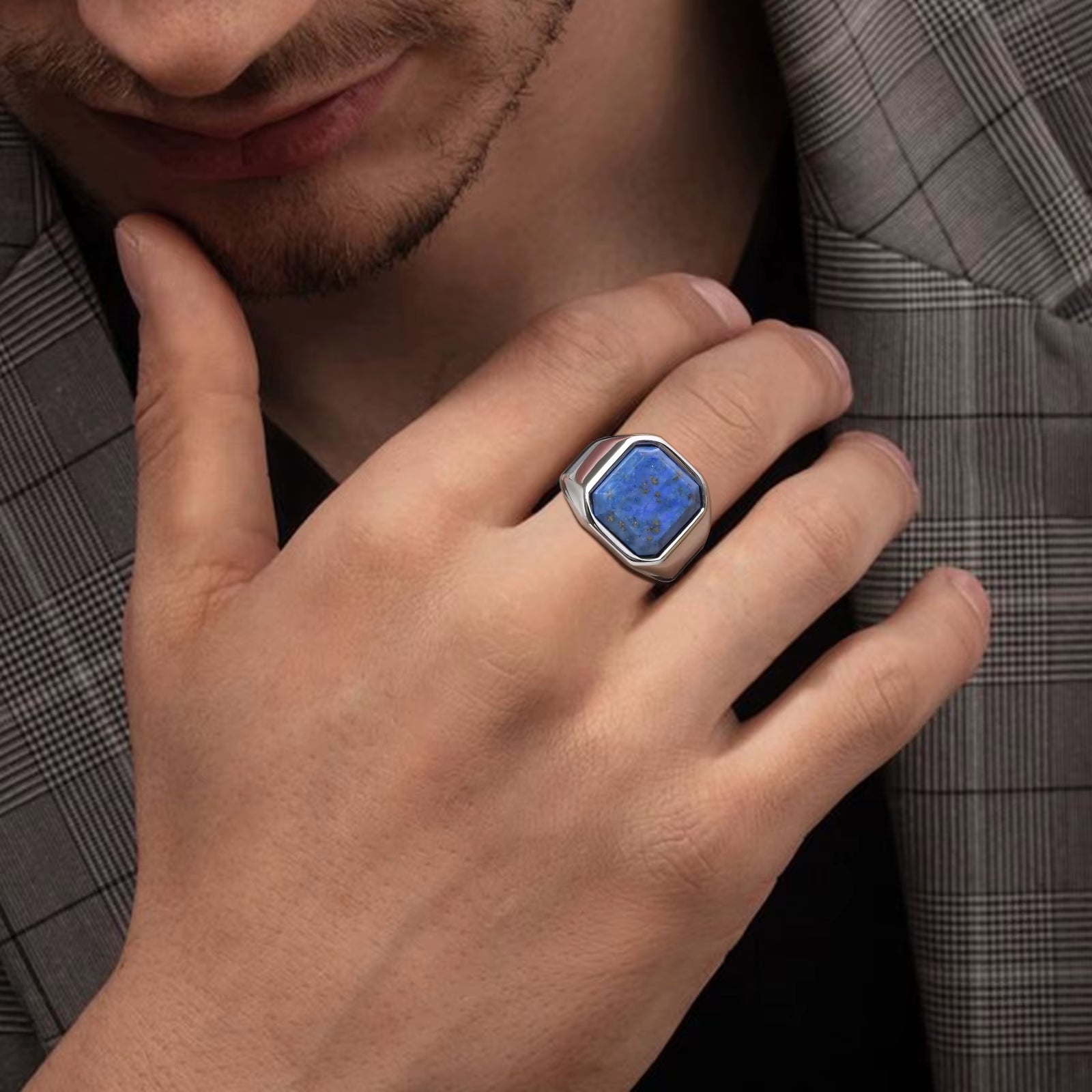 Stylish Square Natural Stone Signet Rings for Men, Stainless Steel Metal Finger Ring Party Gift Jewelry