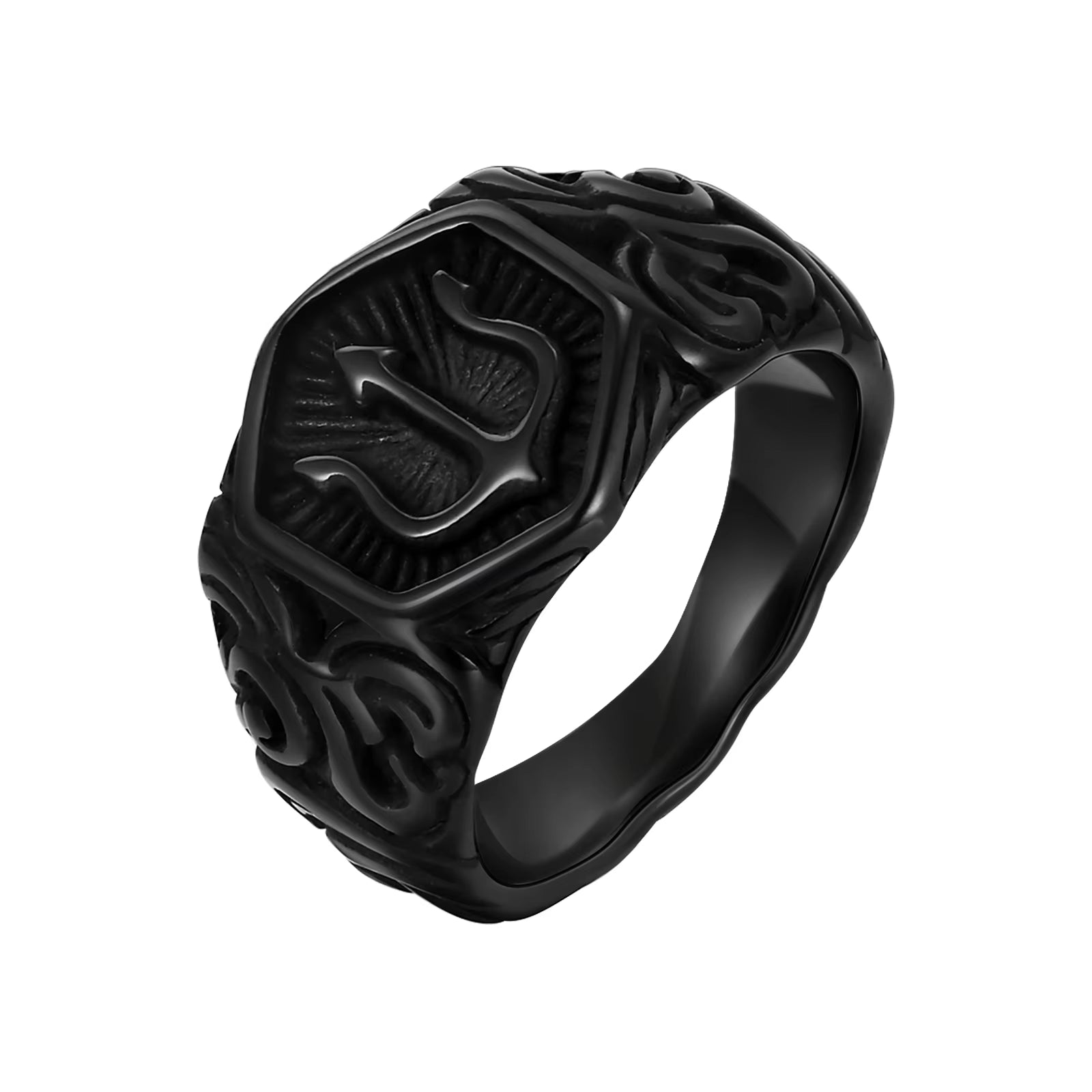Black Tridant Signet Ring for Men, 13.3Mm Chunky Wide Hexagon Geometric Top Finger Band, Strength Power Symbol Jewelry