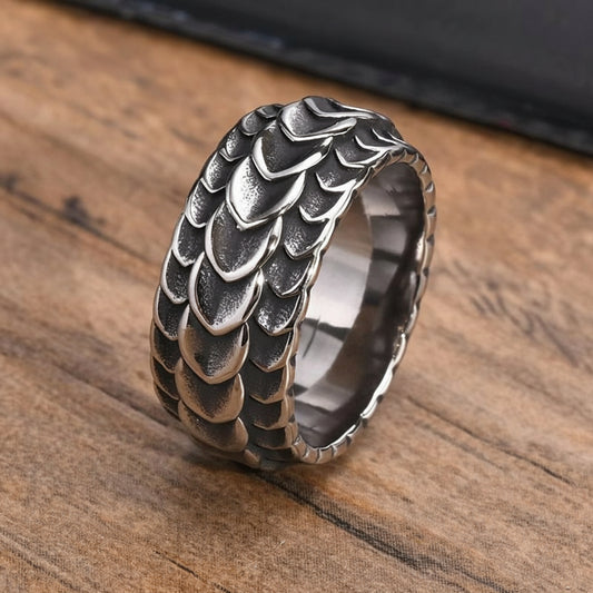 Rock Punk Viking Dragon Carved Surface Rings for Men Jewelry,Vintage Silver Color Stainless Steel Male Finger Bands