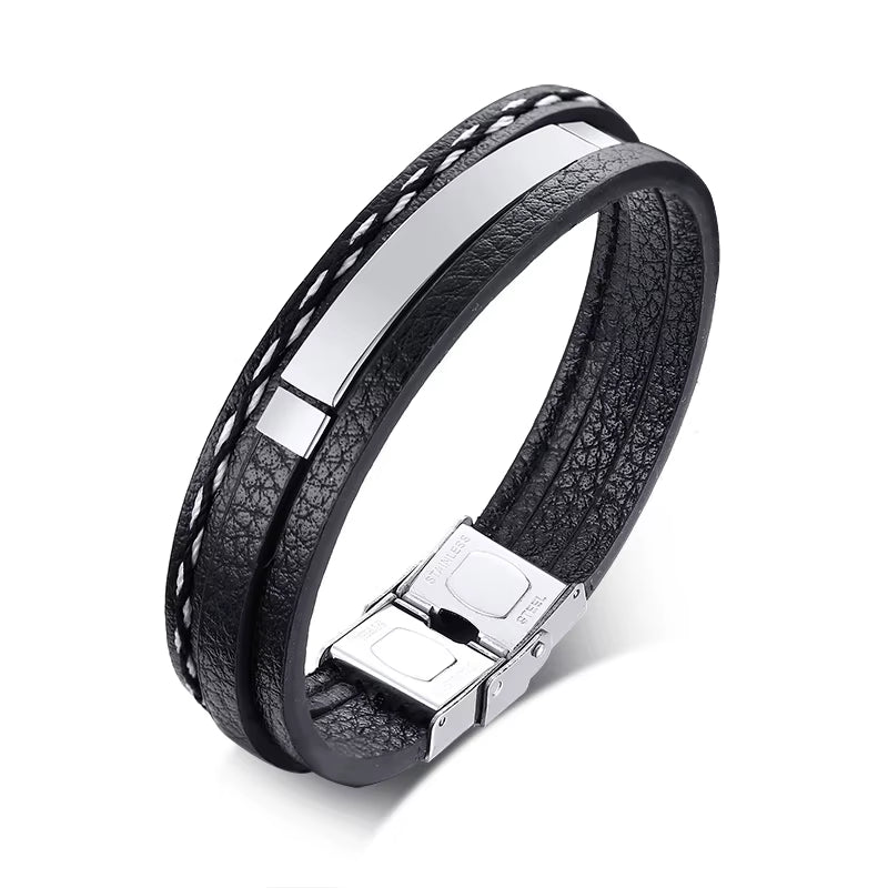 Custom Logo Name Quote Engrave Multi-Layer Leather Bracelets for Men Stainless Steel ID Bangle Personalize Dad Father Gift