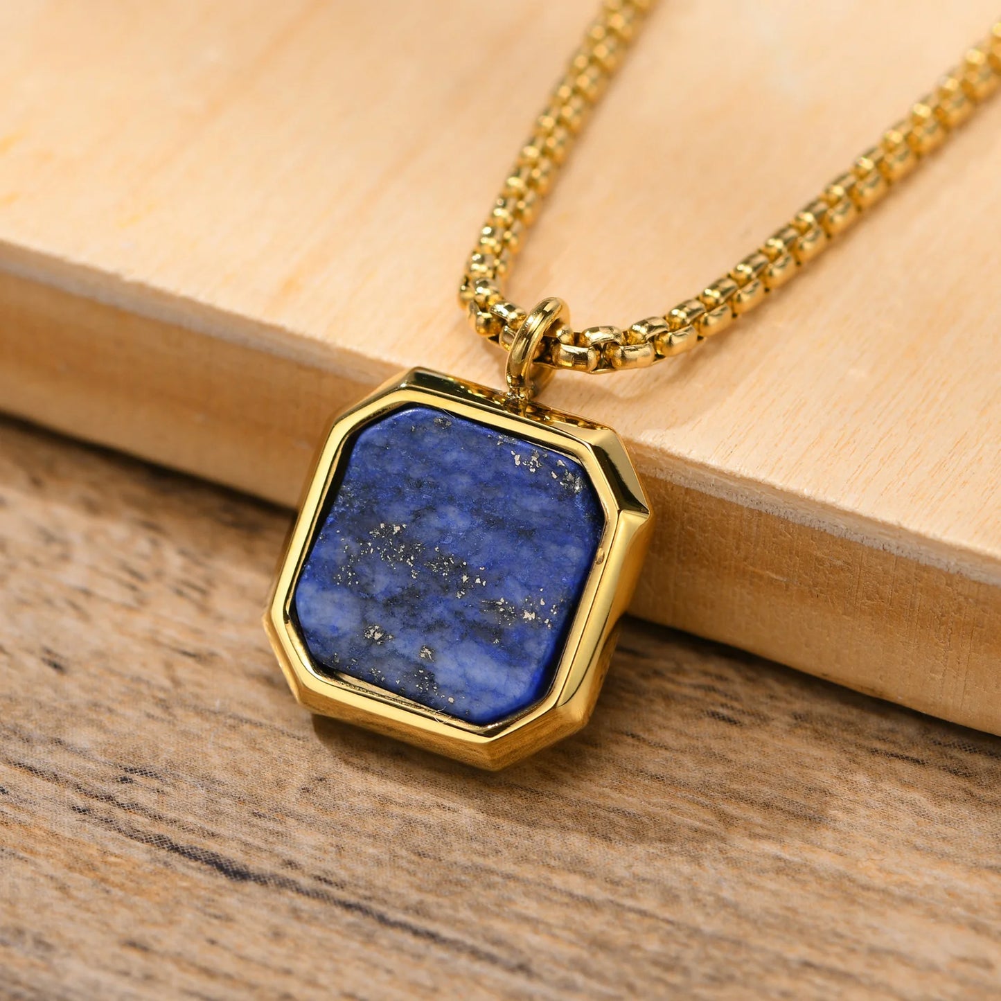 Stylish Men Square Natural Stone Necklace, Solid Stainless Steel Geometric Polygon Pendant,Casual Punk Boy Gift Jewelry