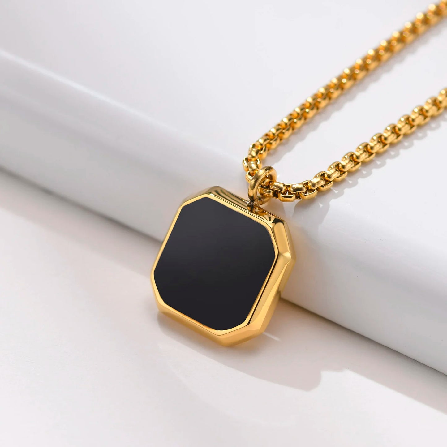 Stylish Men Square Natural Stone Necklace, Solid Stainless Steel Geometric Polygon Pendant,Casual Punk Boy Gift Jewelry