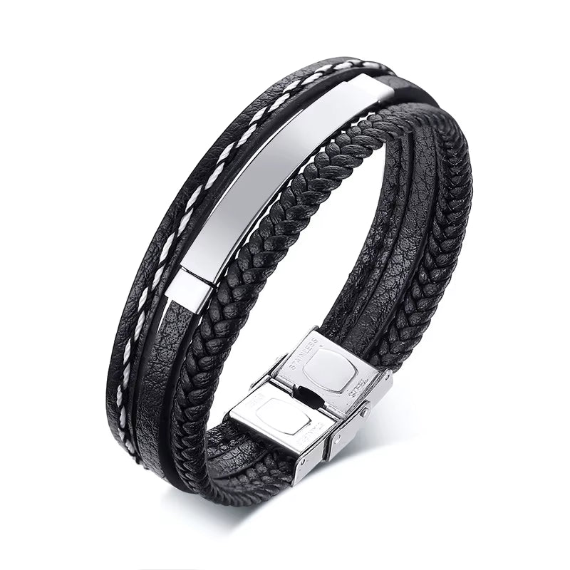 Custom Logo Name Quote Engrave Multi-Layer Leather Bracelets for Men Stainless Steel ID Bangle Personalize Dad Father Gift
