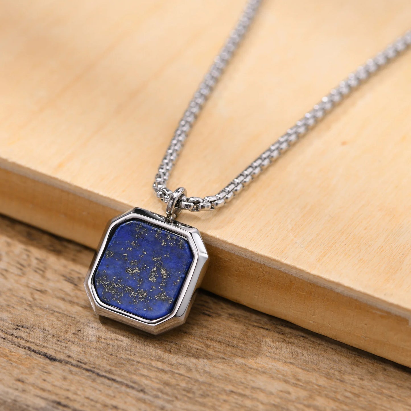Stylish Men Square Natural Stone Necklace, Solid Stainless Steel Geometric Polygon Pendant,Casual Punk Boy Gift Jewelry