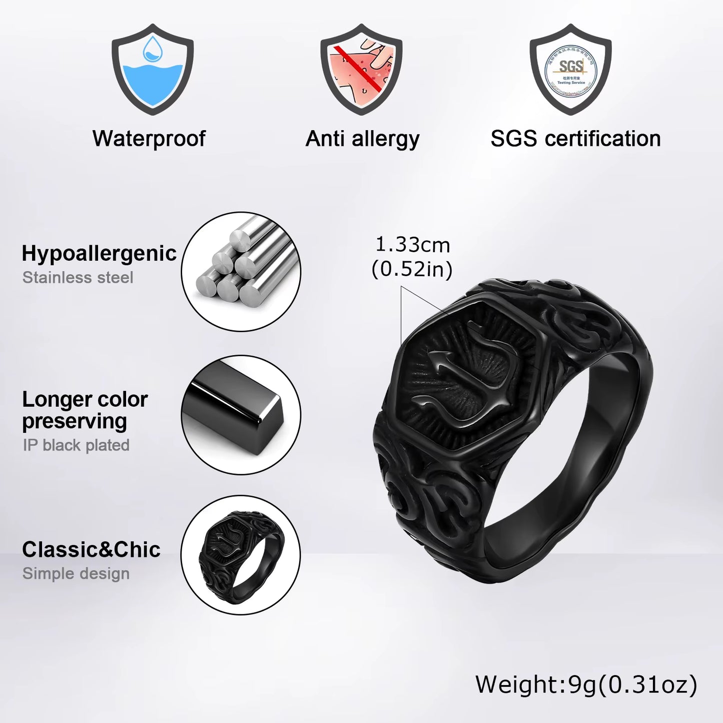 Black Tridant Signet Ring for Men, 13.3Mm Chunky Wide Hexagon Geometric Top Finger Band, Strength Power Symbol Jewelry