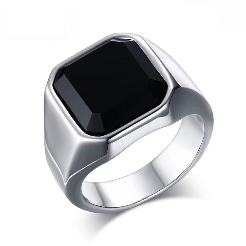 Stylish Square Natural Stone Signet Rings for Men, Stainless Steel Metal Finger Ring Party Gift Jewelry