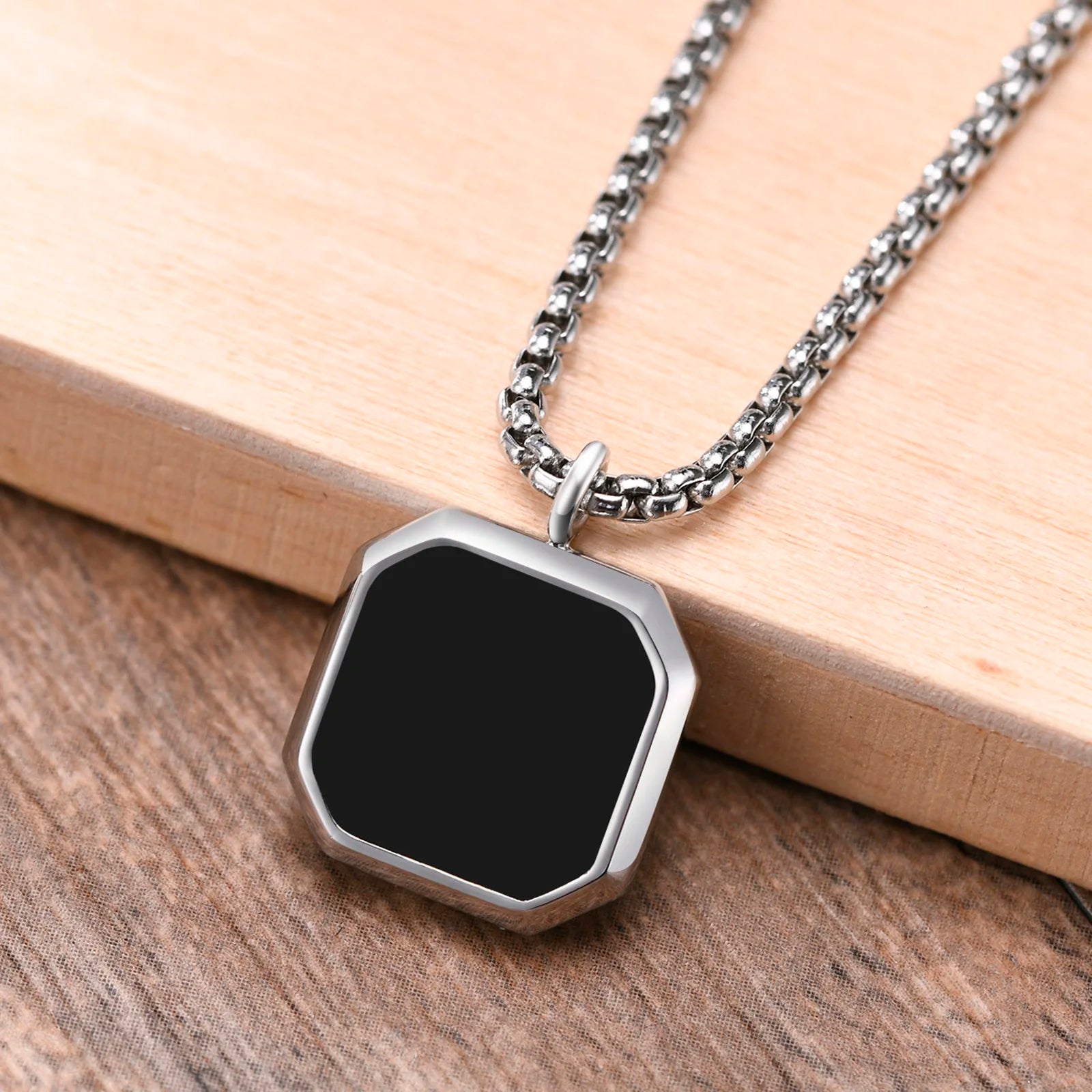 Stylish Men Square Natural Stone Necklace, Solid Stainless Steel Geometric Polygon Pendant,Casual Punk Boy Gift Jewelry