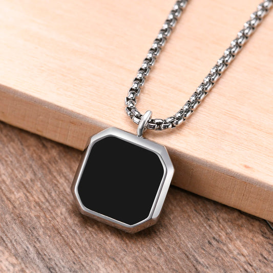 Stylish Men Square Natural Stone Necklace, Solid Stainless Steel Geometric Polygon Pendant,Casual Punk Boy Gift Jewelry