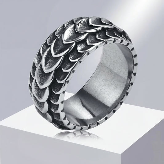 Rock Punk Viking Dragon Carved Surface Rings for Men Jewelry,Vintage Silver Color Stainless Steel Male Finger Bands