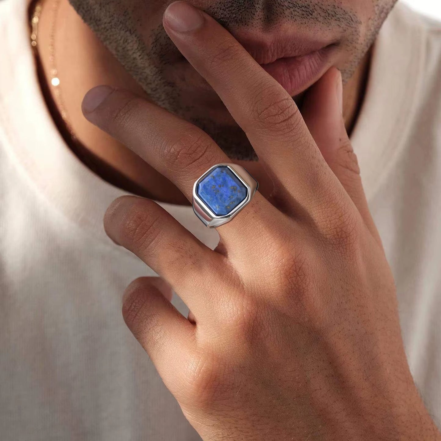 Stylish Square Natural Stone Signet Rings for Men, Stainless Steel Metal Finger Ring Party Gift Jewelry