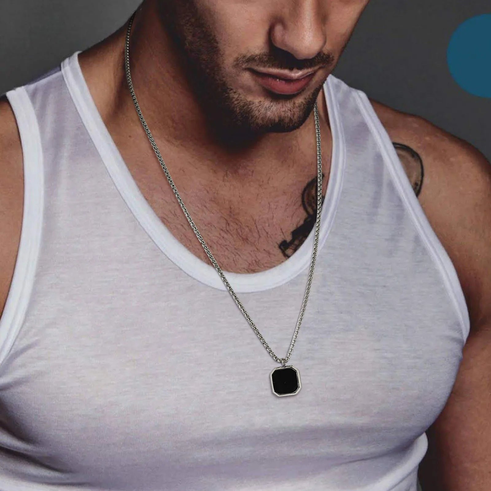 Stylish Men Square Natural Stone Necklace, Solid Stainless Steel Geometric Polygon Pendant,Casual Punk Boy Gift Jewelry