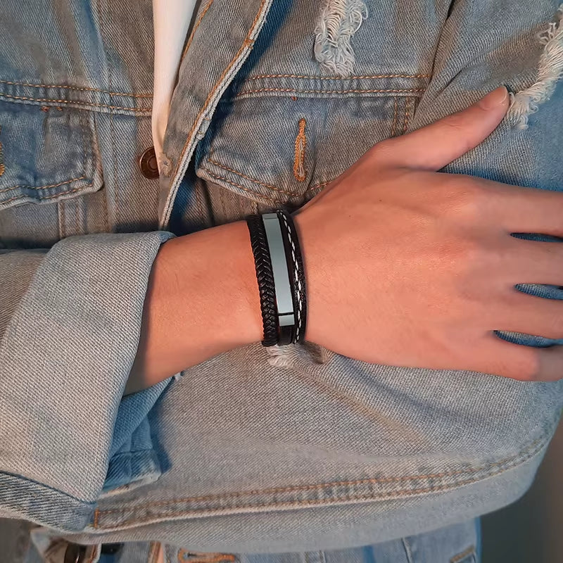 Custom Logo Name Quote Engrave Multi-Layer Leather Bracelets for Men Stainless Steel ID Bangle Personalize Dad Father Gift