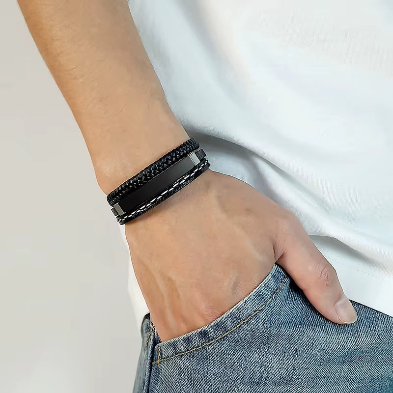 Custom Logo Name Quote Engrave Multi-Layer Leather Bracelets for Men Stainless Steel ID Bangle Personalize Dad Father Gift