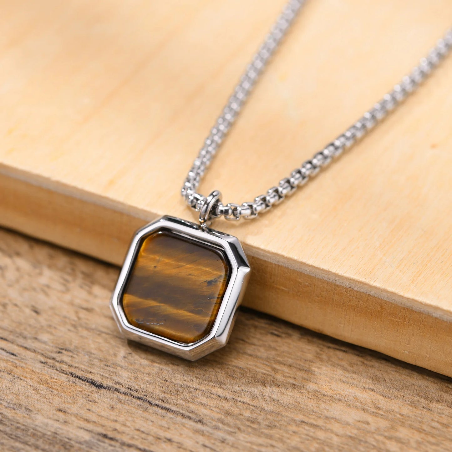Stylish Men Square Natural Stone Necklace, Solid Stainless Steel Geometric Polygon Pendant,Casual Punk Boy Gift Jewelry