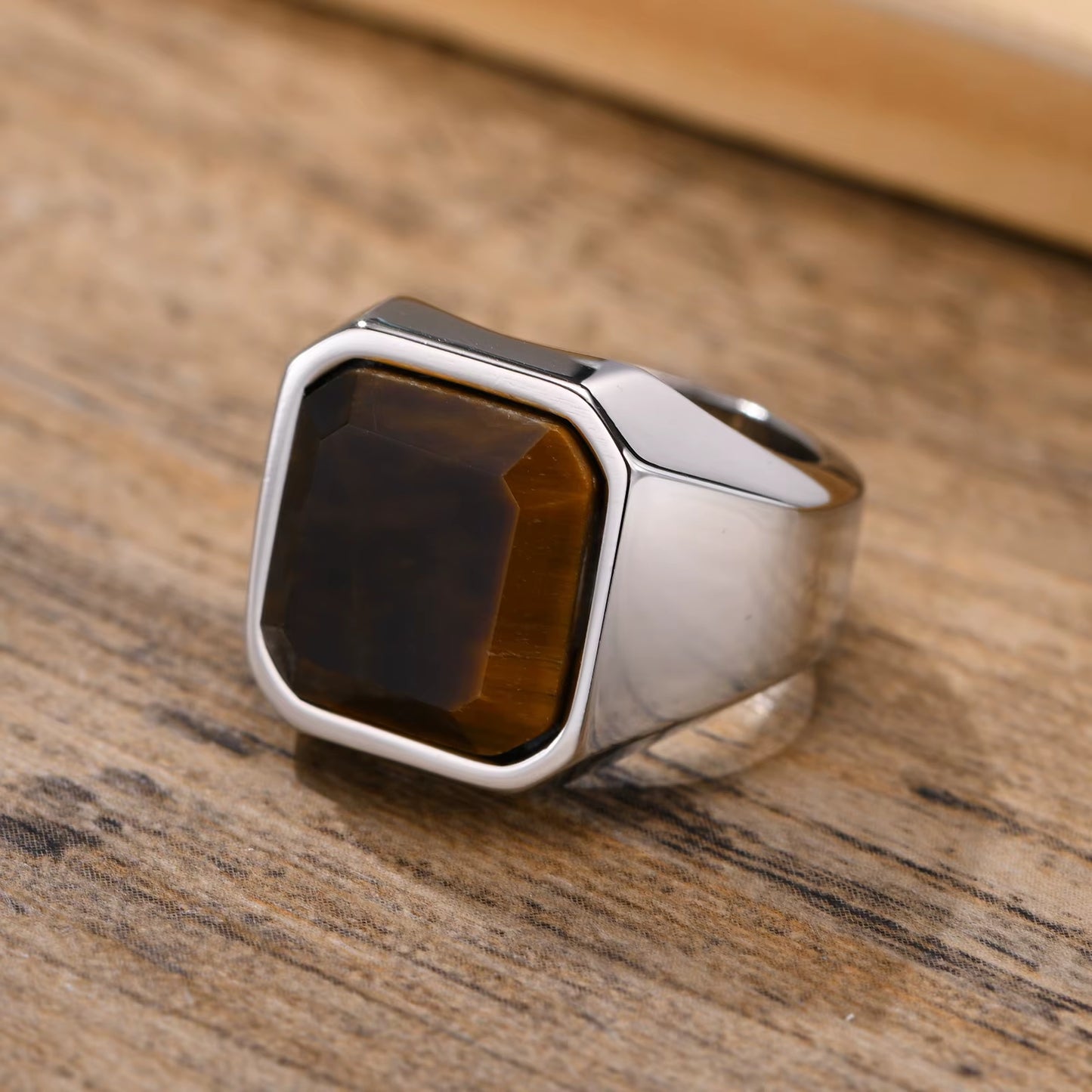 Stylish Square Natural Stone Signet Rings for Men, Stainless Steel Metal Finger Ring Party Gift Jewelry