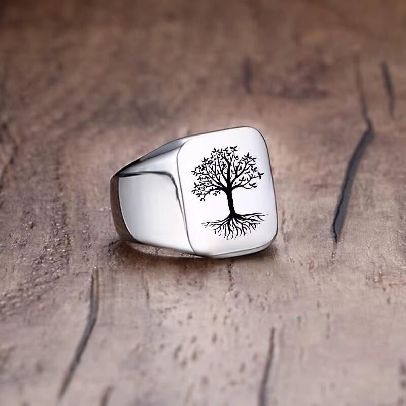 Rock Punk Tree of Life Signet Rings for Men Jewelry Custom Words Images Personalize Engrave Gifts for Him Jewelry