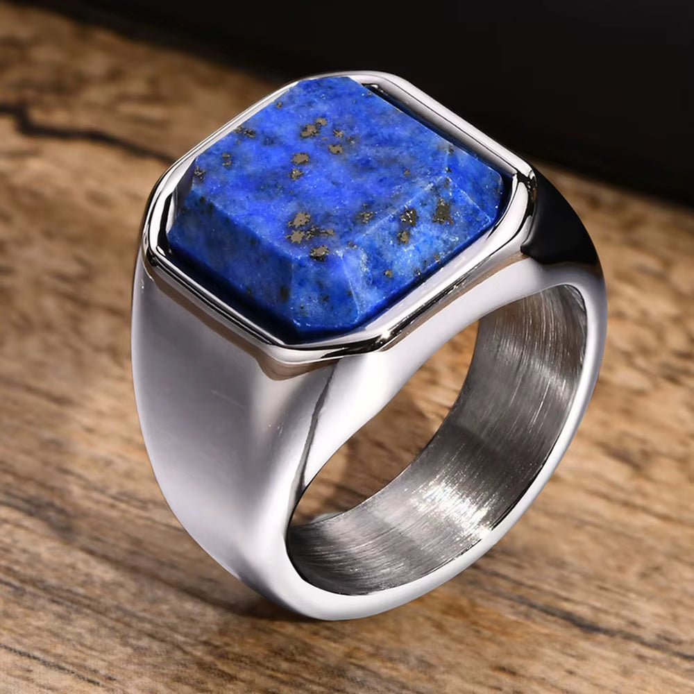 Stylish Square Natural Stone Signet Rings for Men, Stainless Steel Metal Finger Ring Party Gift Jewelry