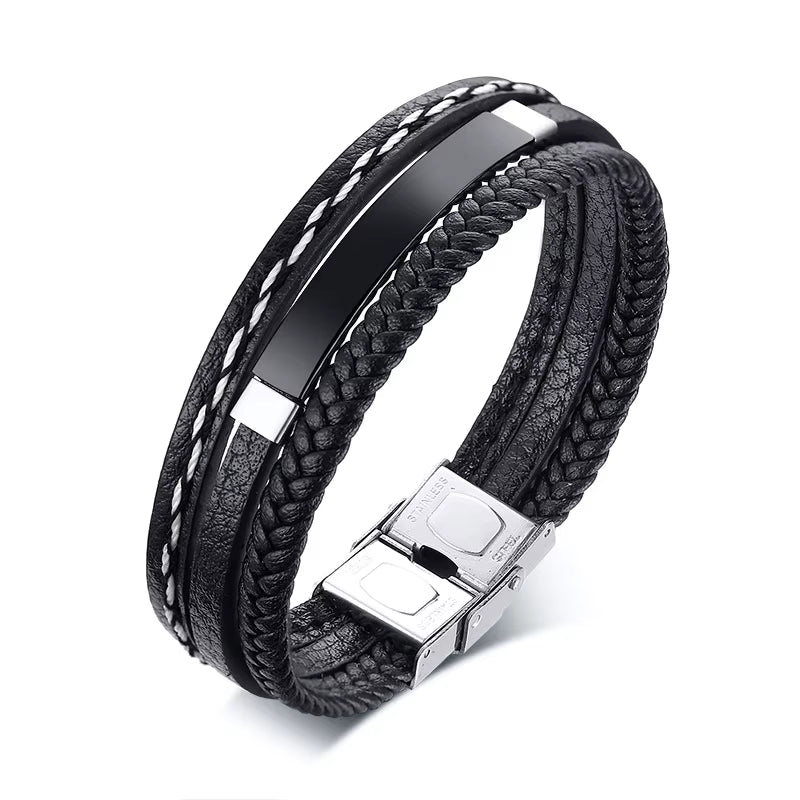 Custom Logo Name Quote Engrave Multi-Layer Leather Bracelets for Men Stainless Steel ID Bangle Personalize Dad Father Gift