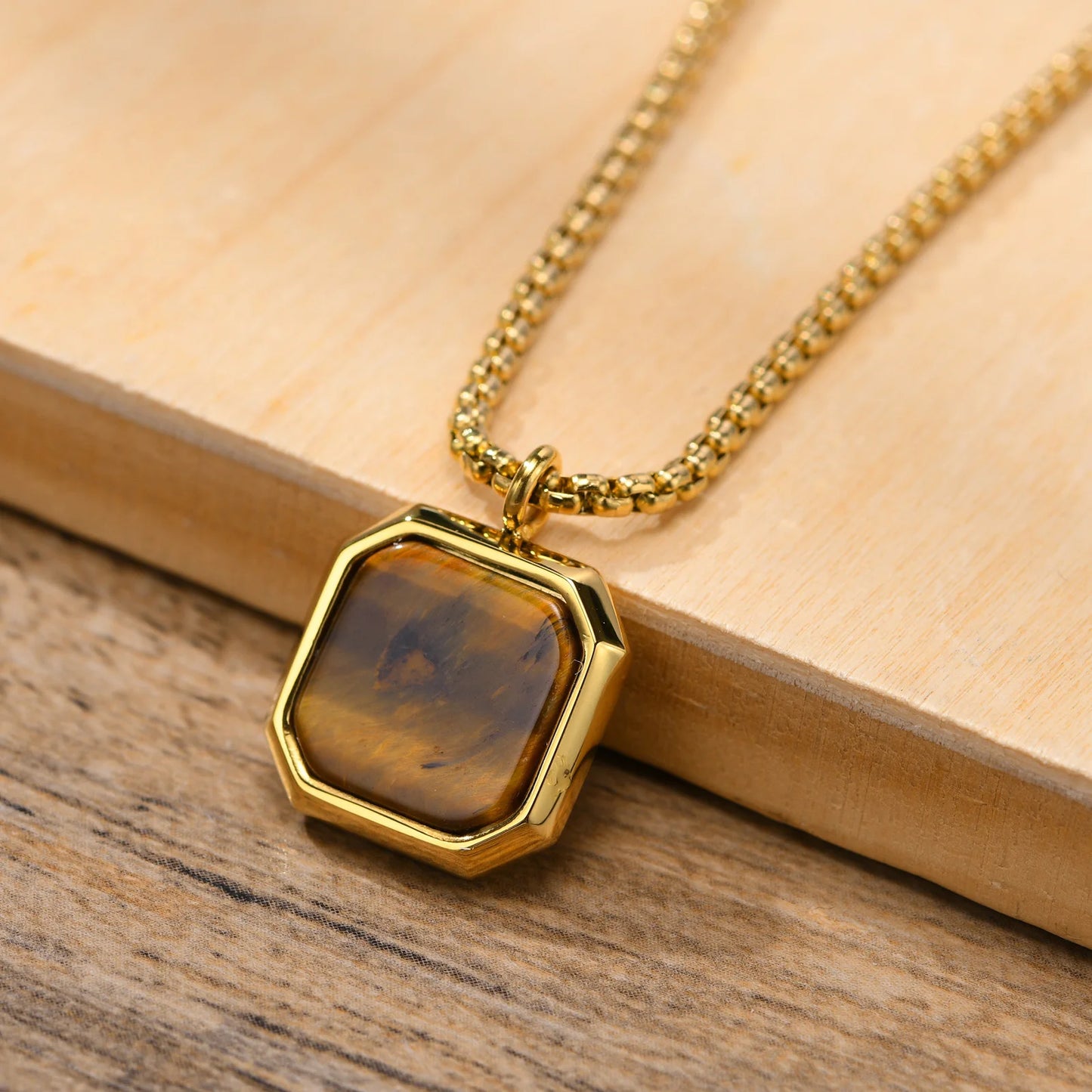 Stylish Men Square Natural Stone Necklace, Solid Stainless Steel Geometric Polygon Pendant,Casual Punk Boy Gift Jewelry