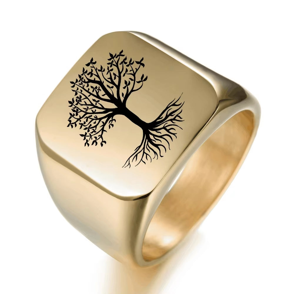 Rock Punk Tree of Life Signet Rings for Men Jewelry Custom Words Images Personalize Engrave Gifts for Him Jewelry