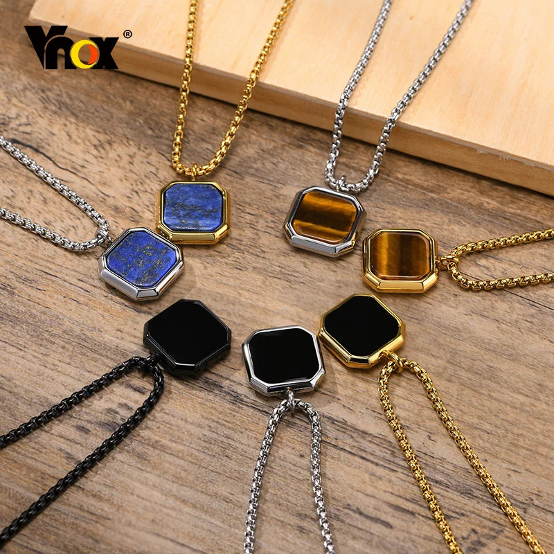 Stylish Men Square Natural Stone Necklace, Solid Stainless Steel Geometric Polygon Pendant,Casual Punk Boy Gift Jewelry