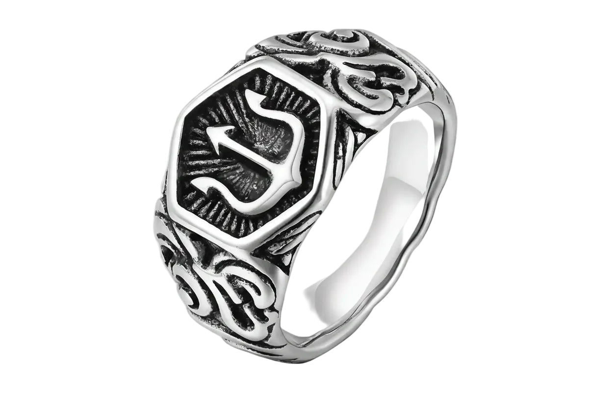 Black Tridant Signet Ring for Men, 13.3Mm Chunky Wide Hexagon Geometric Top Finger Band, Strength Power Symbol Jewelry