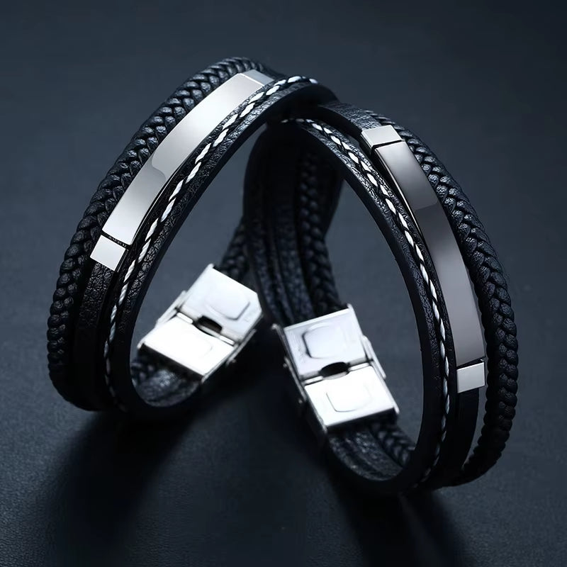 Custom Logo Name Quote Engrave Multi-Layer Leather Bracelets for Men Stainless Steel ID Bangle Personalize Dad Father Gift