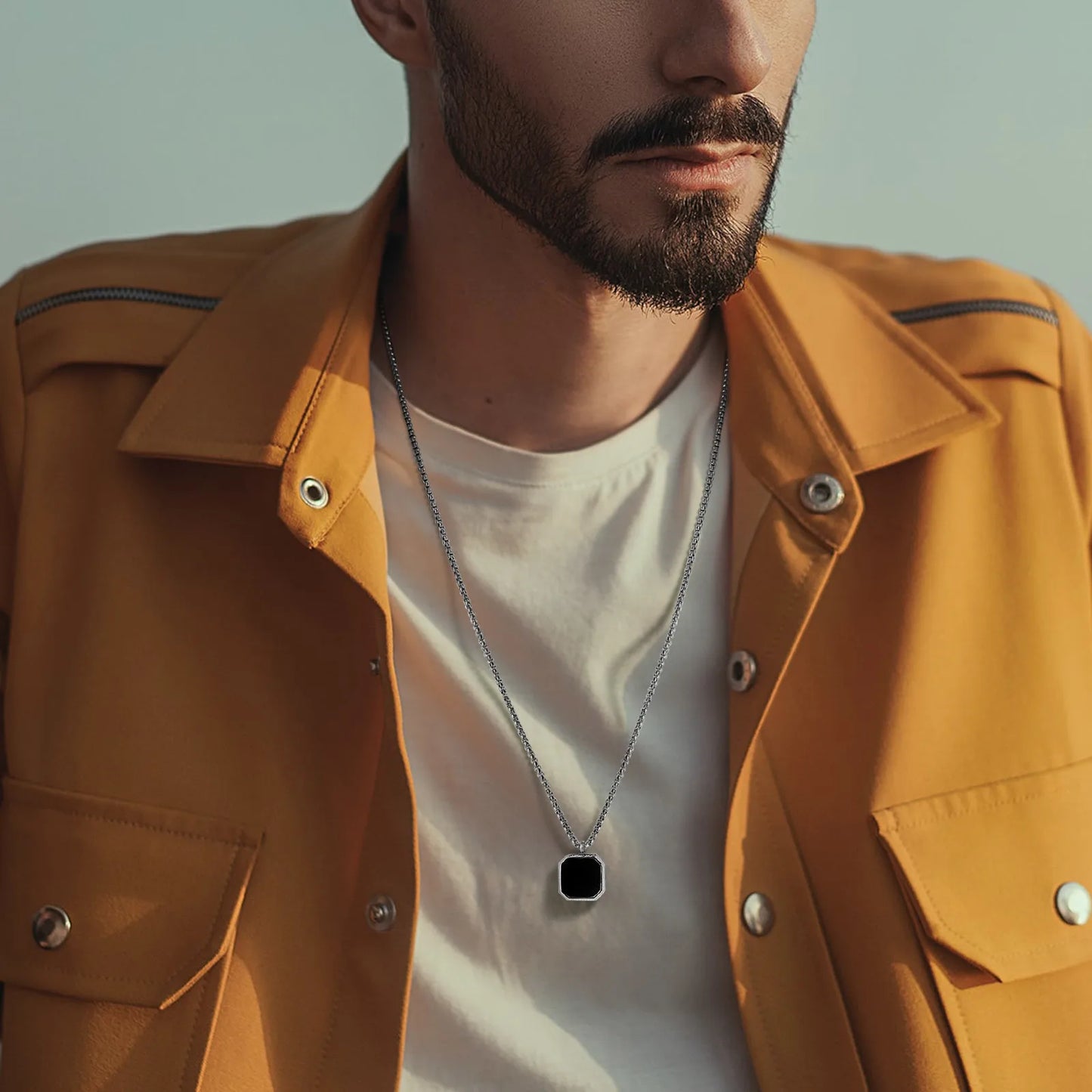 Stylish Men Square Natural Stone Necklace, Solid Stainless Steel Geometric Polygon Pendant,Casual Punk Boy Gift Jewelry